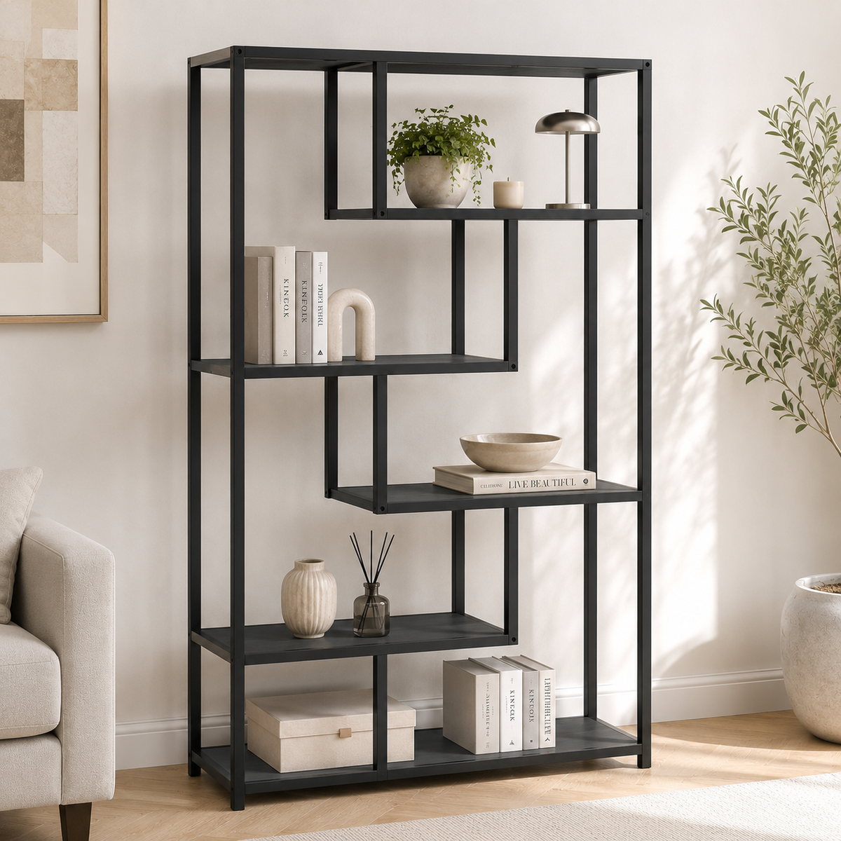 Biblioteca Moderna cu 6 Rafturi pentru Living si Birou, Cadru Metalic, PAL 18 mm, 88 x 30 x 160 cm