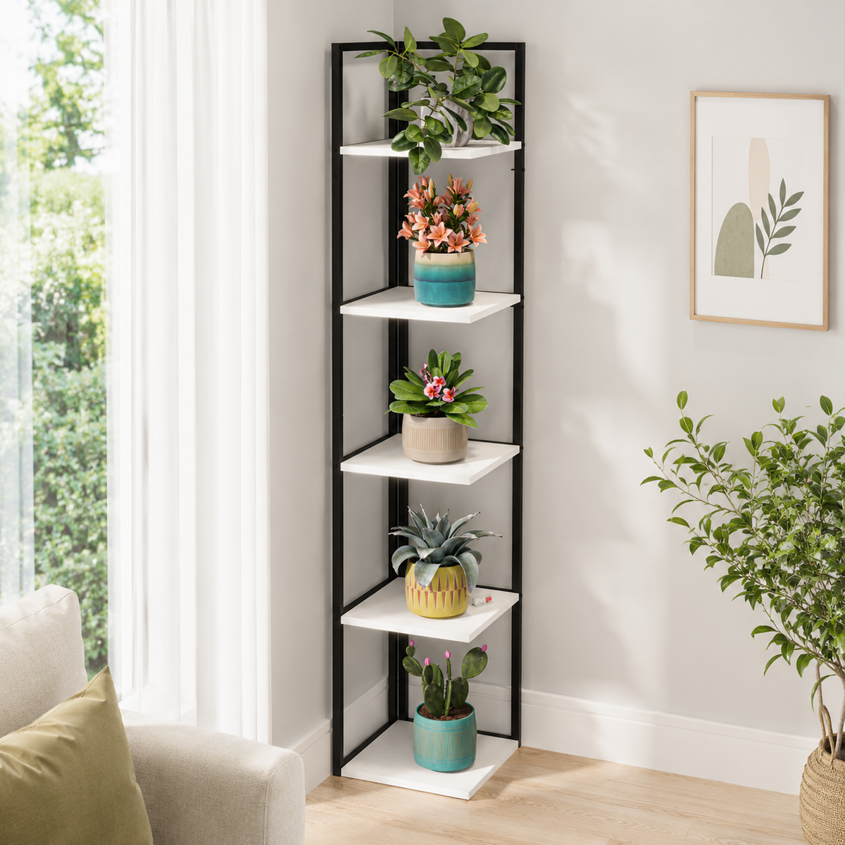 Suport Inalt de Colt pentru Plante cu 5 Rafturi, Cadru Metalic, 36 x 180 cm