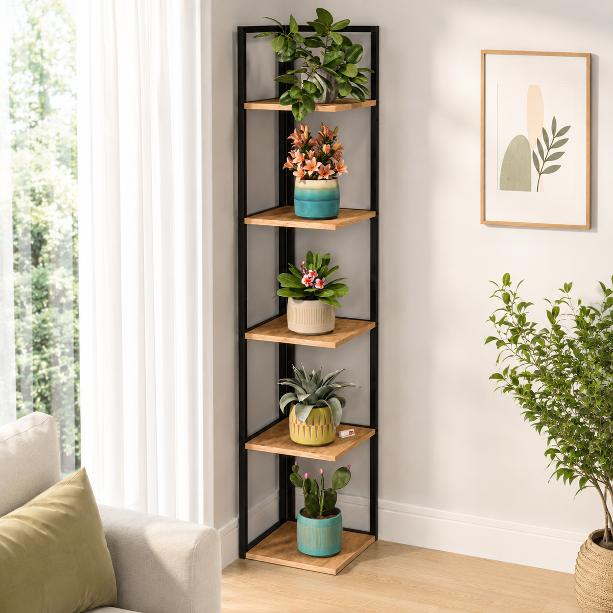 Suport Inalt de Colt pentru Plante cu 5 Rafturi, Cadru Metalic, 36 x 180 cm