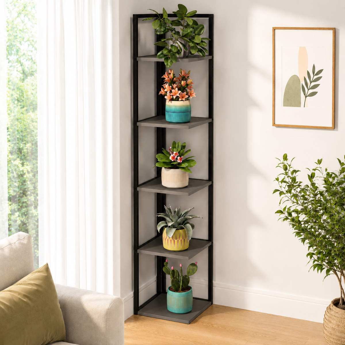 Suport Inalt de Colt pentru Plante cu 5 Rafturi, Cadru Metalic, 36 x 180 cm
