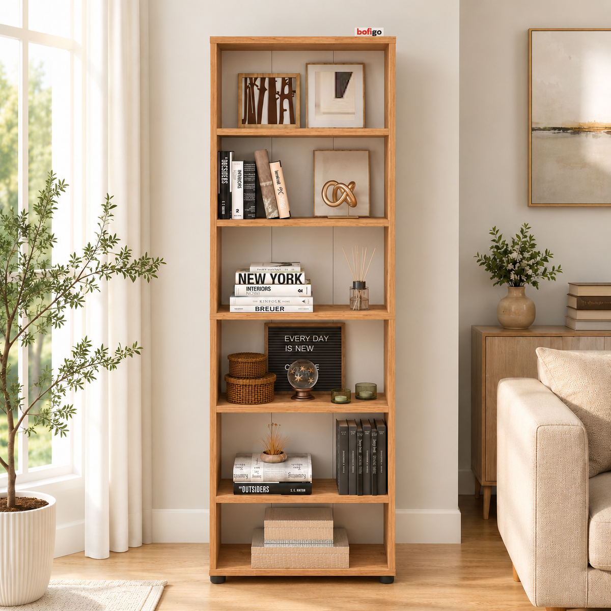 Biblioteca Decorativa Inalta cu 6 Rafturi, PAL E1, Sistem Minifix, 56 x 20 x 174 cm