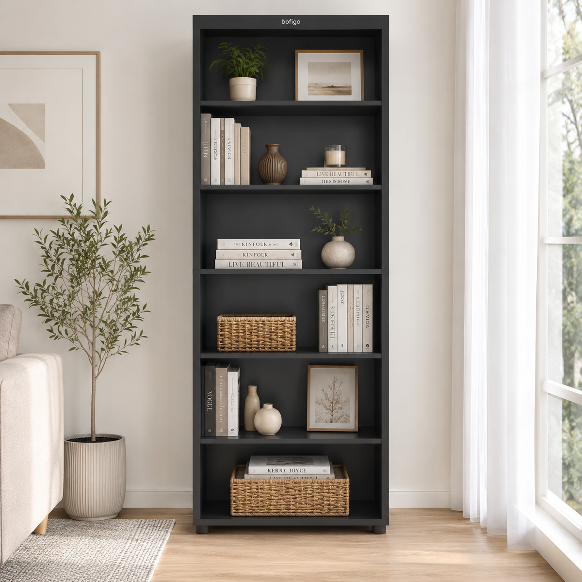 Biblioteca Decorativa Inalta cu 6 Rafturi, PAL E1, Sistem Minifix, 56 x 20 x 174 cm