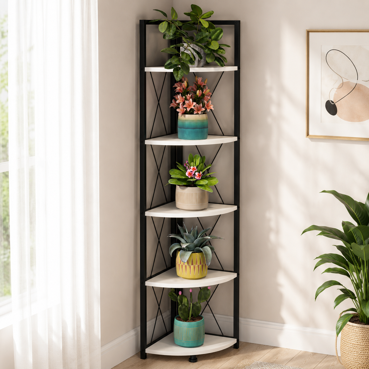 Suport de Colt pentru Plante cu 5 Rafturi, Cadru Metalic, 34 x 160 cm