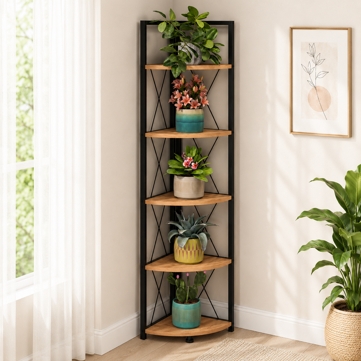 Suport de Colt pentru Plante cu 5 Rafturi, Cadru Metalic, 34 x 160 cm
