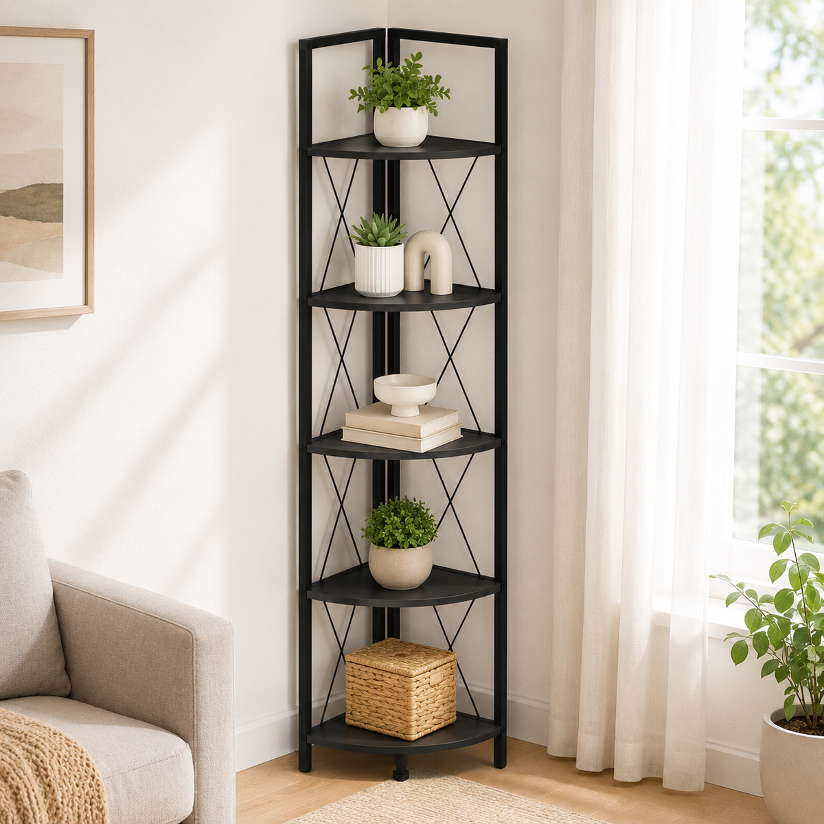 Suport de Colt pentru Plante cu 5 Rafturi, Cadru Metalic, 34 x 160 cm