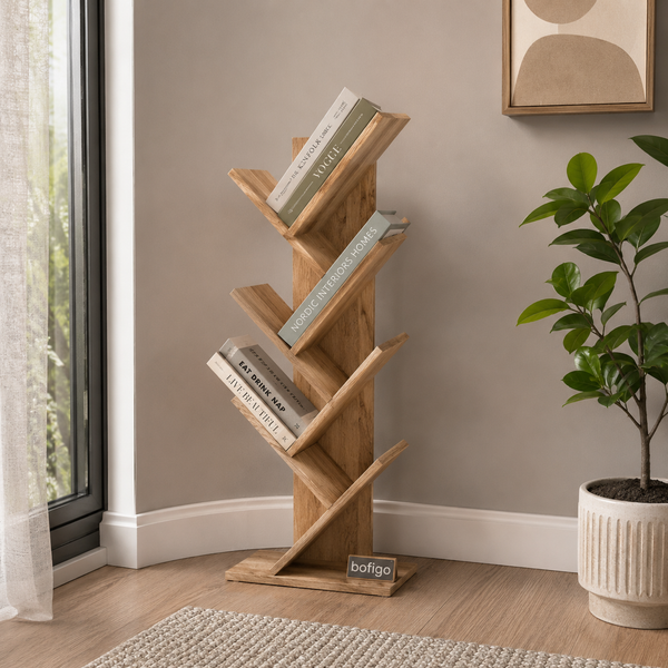 Biblioteca Copac cu rafturi decorative, etajera living 122 x 44 x 22 cm in forma de copac, cadru metalic negru + polite PAL melaminat 18 mm, element decorativ remarcabil pentru living sau birou, stil industrial modern