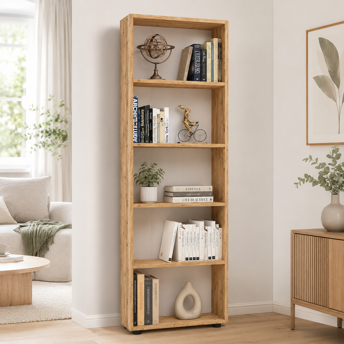 Biblioteca Decorativa cu 5 Rafturi, Design Inalt si Ingust, PAL E1, 55 x 20 x 172 cm