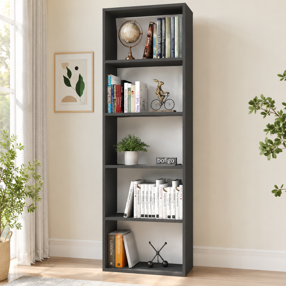 Biblioteca Decorativa cu 5 Rafturi, Design Inalt si Ingust, PAL E1, 55 x 20 x 172 cm