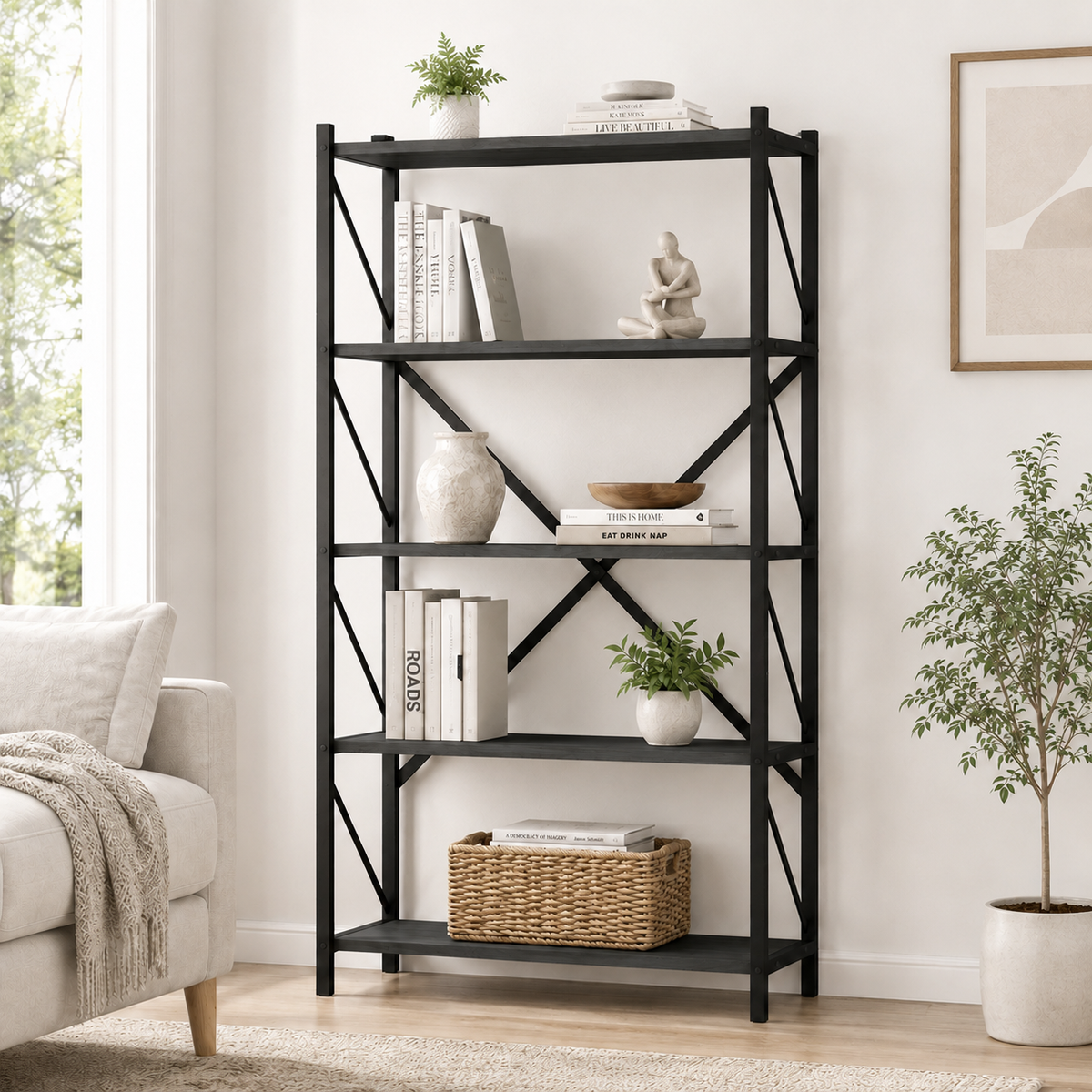 Biblioteca Metalica cu 5 Rafturi pentru Living si Birou, PAL 18 mm, 66 x 34 x 160 cm