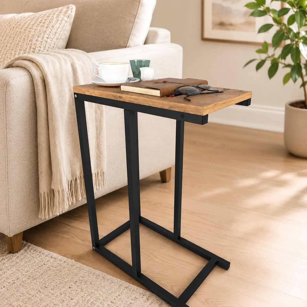 Masuta laterala din metal 45 x 25 cm, side table, masuta canapea compacta, cadru metalic + blat PAL melaminat 18 mm, greutate redusa se misca usor, perfecta langa canapea sau pat, stil modern industrial