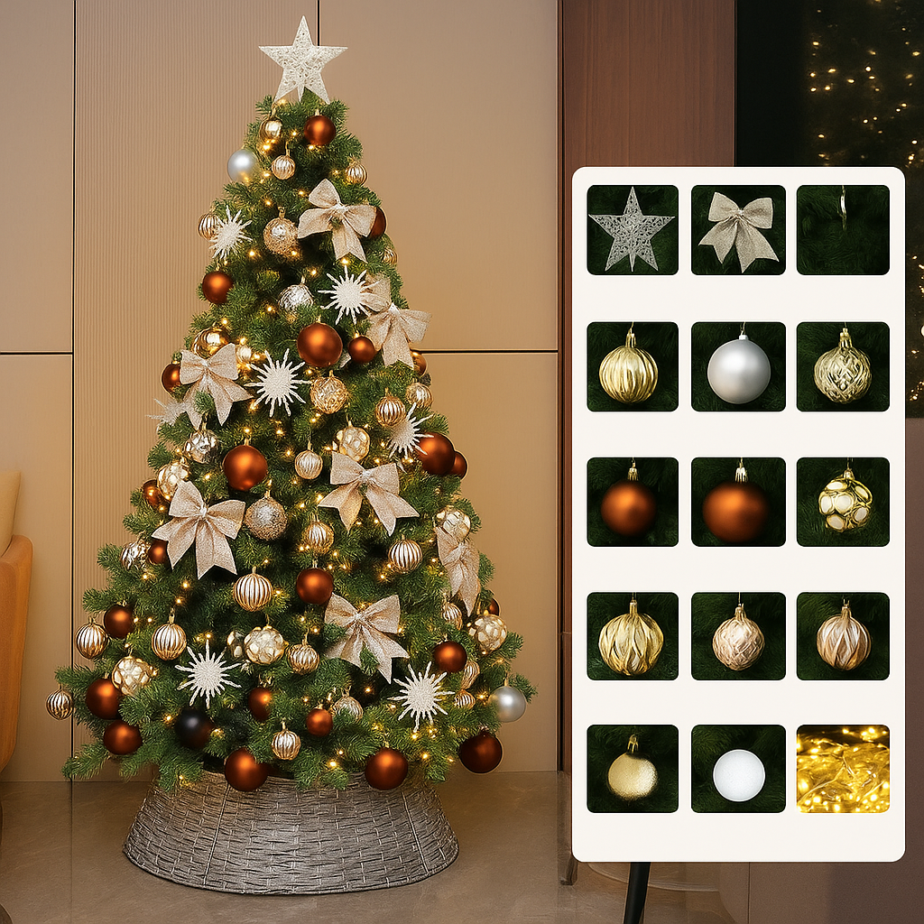 Brad artificial de Craciun decorat, luxos, cu 450 de ramuri dese, 150cm-180cm