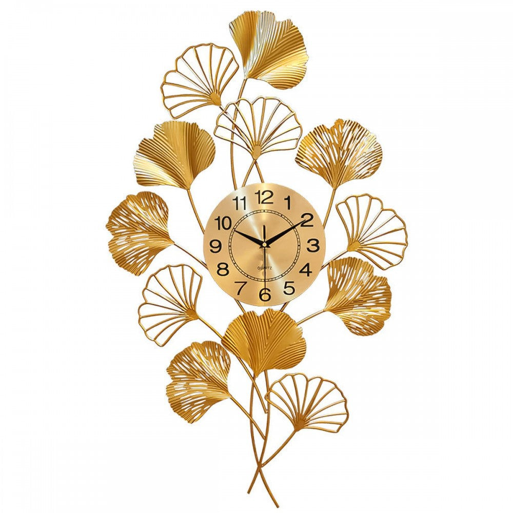 Ceas de perete decorativ 76 x 42 cm – design artistic cu frunze metalice, decor lux pentru living