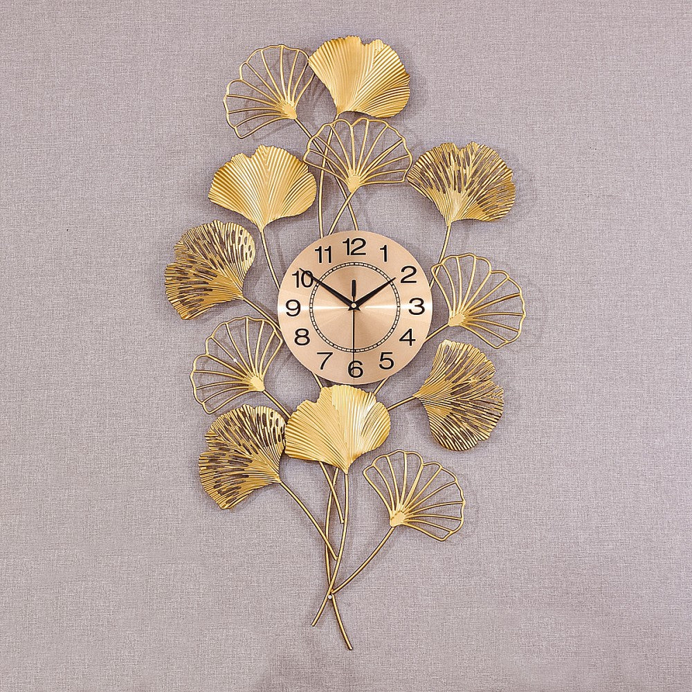 Ceas de perete decorativ 76 x 42 cm – design artistic cu frunze metalice, decor lux pentru living
