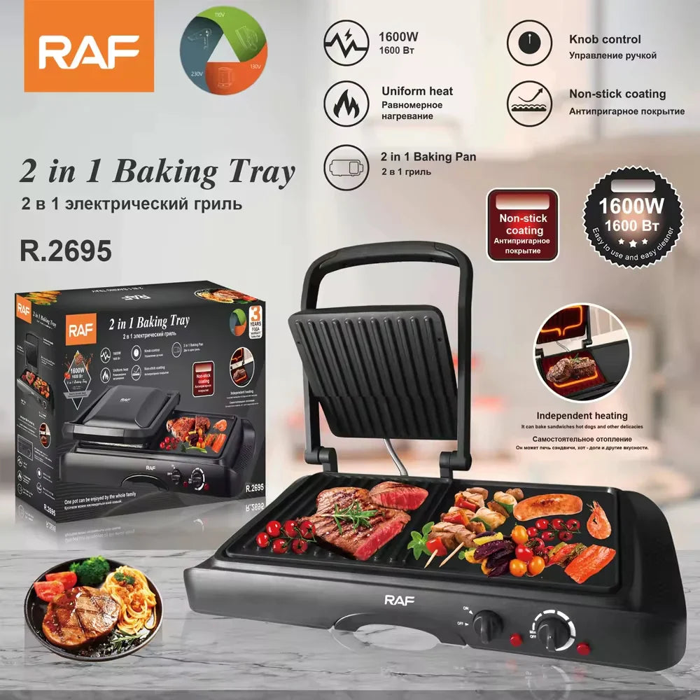 Grill și plită electrică 2 în 1 RAF  R.2695 – Putere 1600W, suprafata antiaderenta, temperatura reglabila, culoare negru