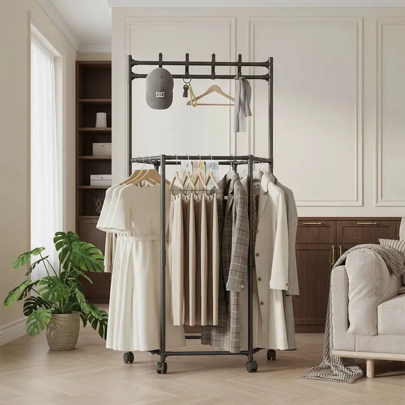 Cuier metalic mobil, cu roti, 8 carlige si suport haine, 67x47x165 cm