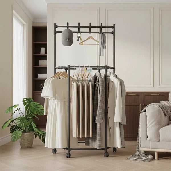 Cuier metalic mobil, cu roti, 8 carlige si suport haine, 67x47x165 cm