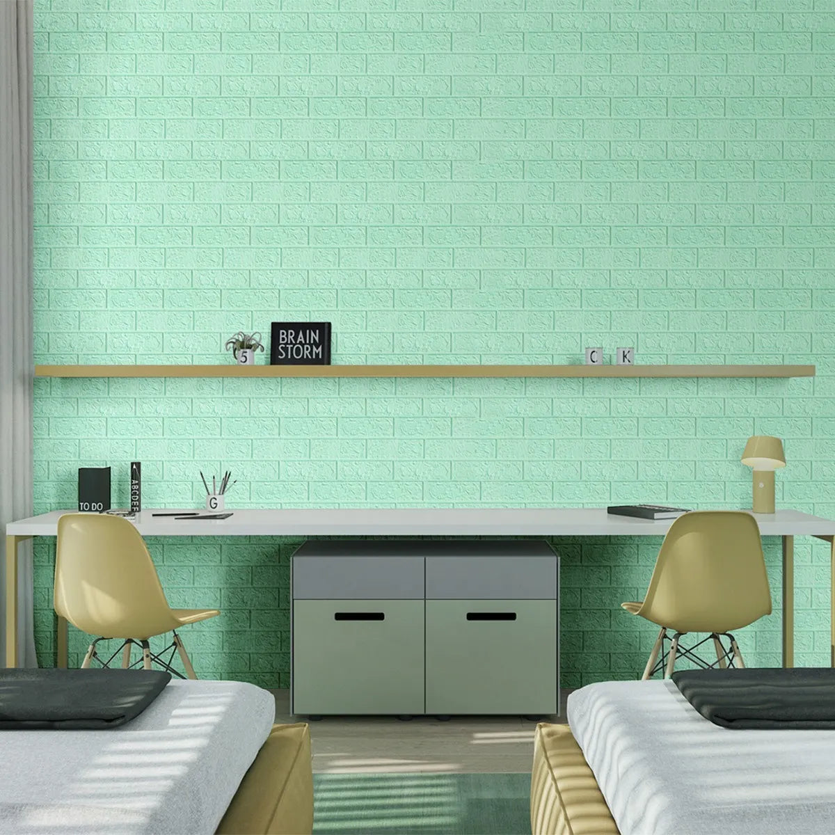 Tapet 3D caramida Verde deschis auto-adeziv pentru interior, 70 x 77 cm