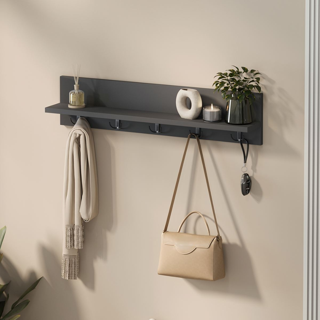 Cuier de perete cu 1 raft si 5 agatatori, montabil pe perete,   80 x 11 x 18 cm, PAL 18 mm