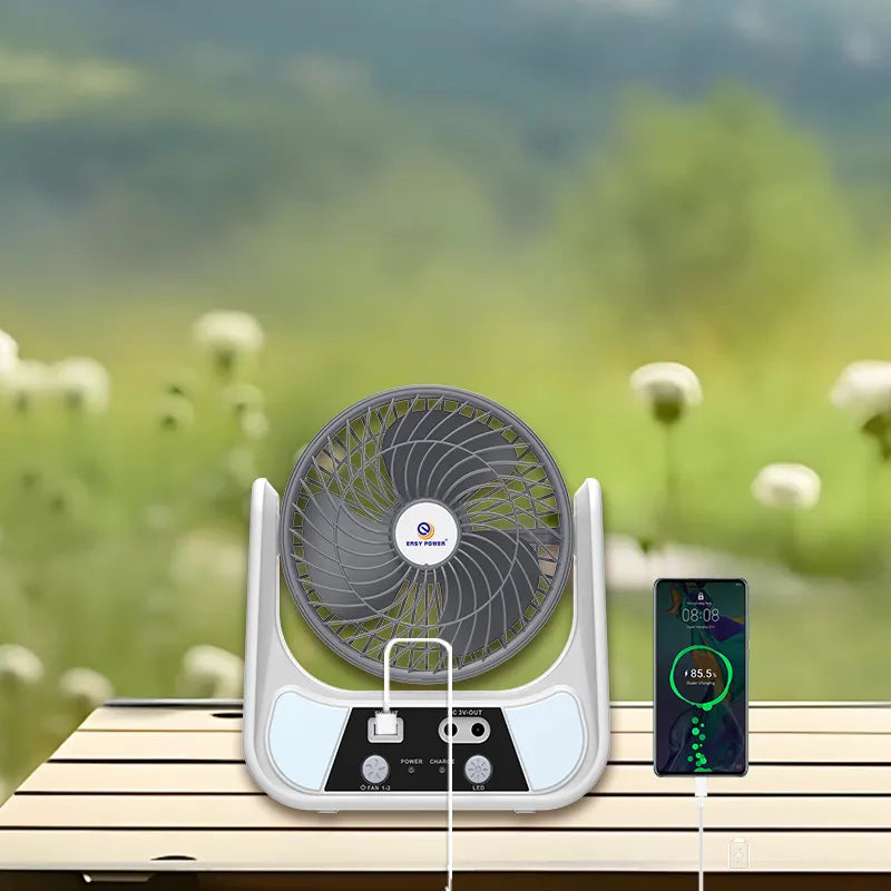 Ventilator solar, 15/20 cm, cu 2 becuri incluse, functie de powerbank, din ABS, cu USB, alb/gri