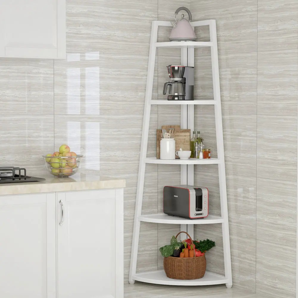 Raft biblioteca de colt din lemn cu 5 polite, alb, 52 x 34 x 110cm