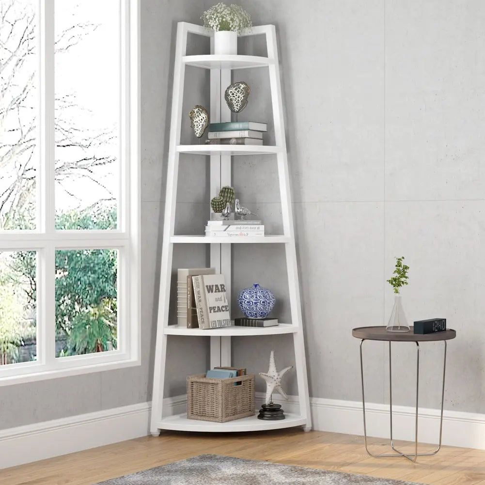 Raft biblioteca de colt din lemn cu 5 polite, alb, 52 x 34 x 110cm
