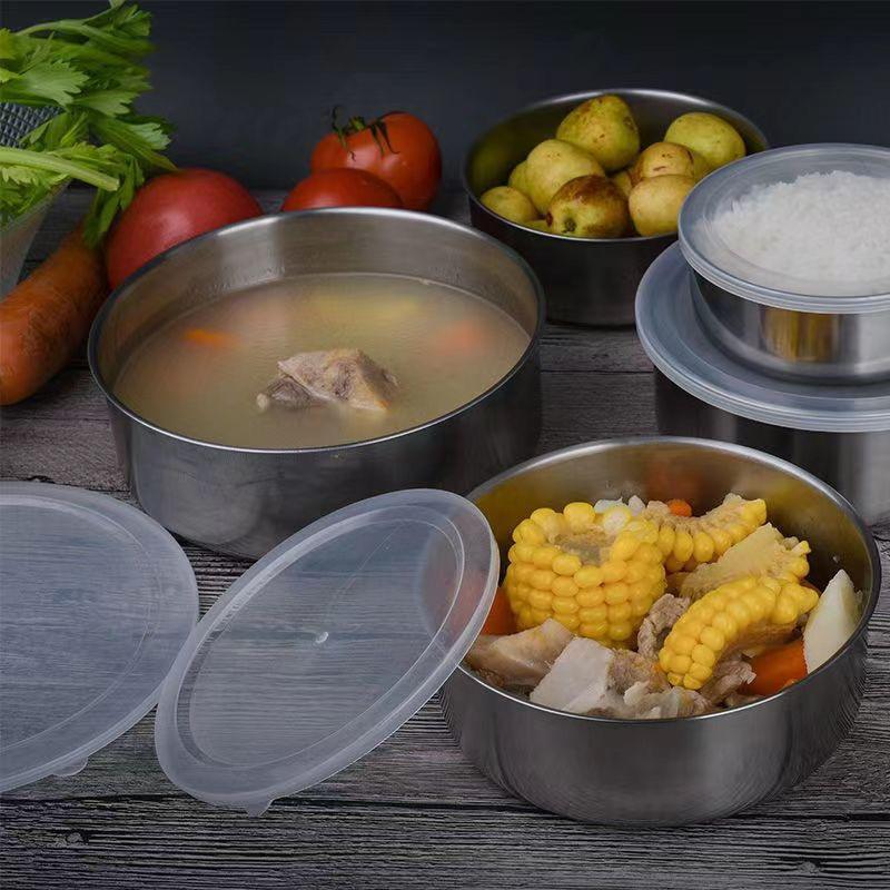 Set 5 Caserole Metalice cu Capac Plastic, Depozitare Alimente Inox, Diferite Dimensiuni, Bucatarie