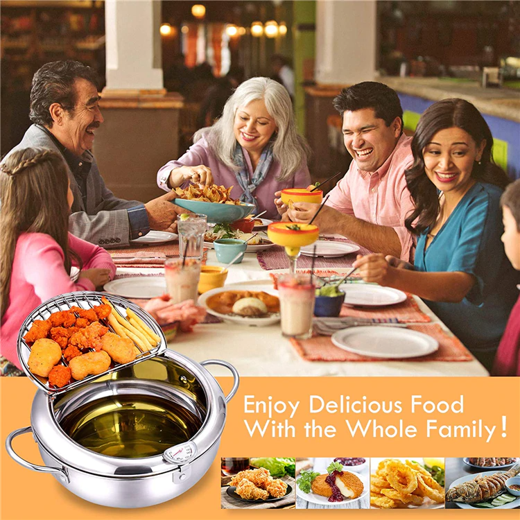 Friteuza in stil japonez din oțel inoxidabil cu termometru pe capac, 24 cm