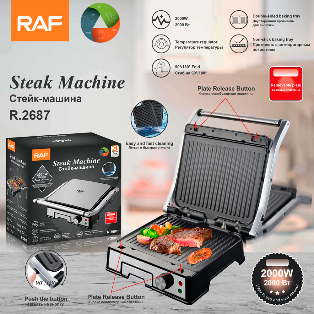 Gratar Electric RAF R.2687 – 2000W, cu Placi Rabatabile 180 Grade – Gatire Rapida pe Ambele Parti