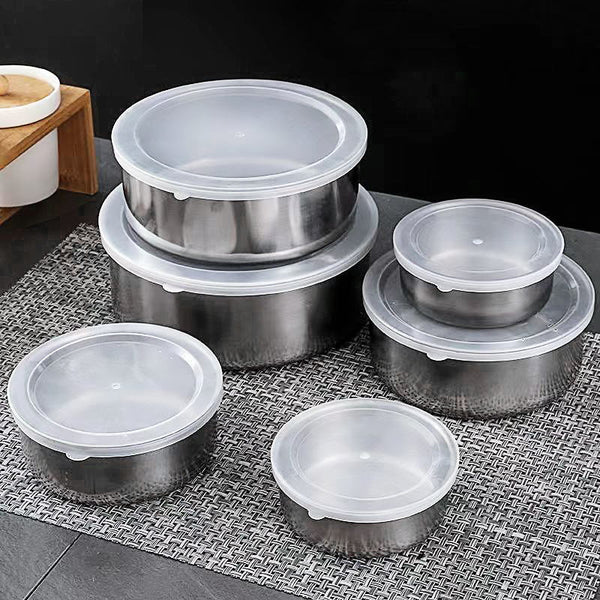 Set 5 Caserole Metalice cu Capac Plastic, Depozitare Alimente Inox, Diferite Dimensiuni, Bucatarie