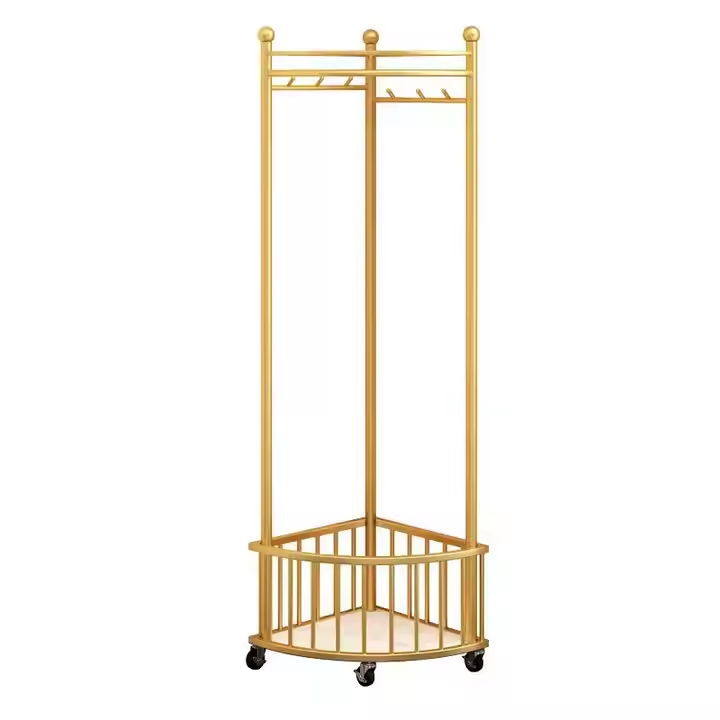 Cuier de colt multifunctional cu roti,metalic, auriu, 40 x 40 x 160 cm