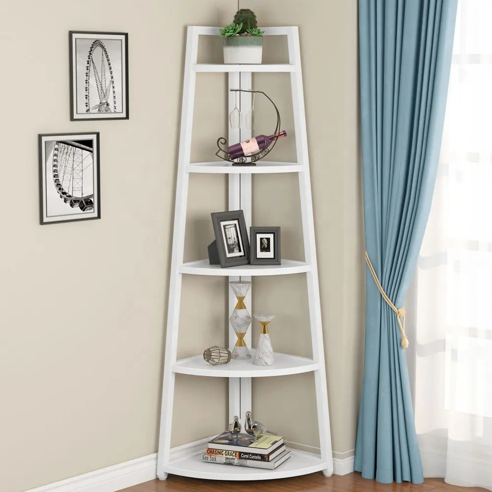 Raft biblioteca de colt din lemn cu 5 polite, alb, 52 x 34 x 110cm