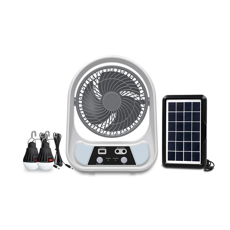 Ventilator solar, 15/20 cm, cu 2 becuri incluse, functie de powerbank, din ABS, cu USB, alb/gri