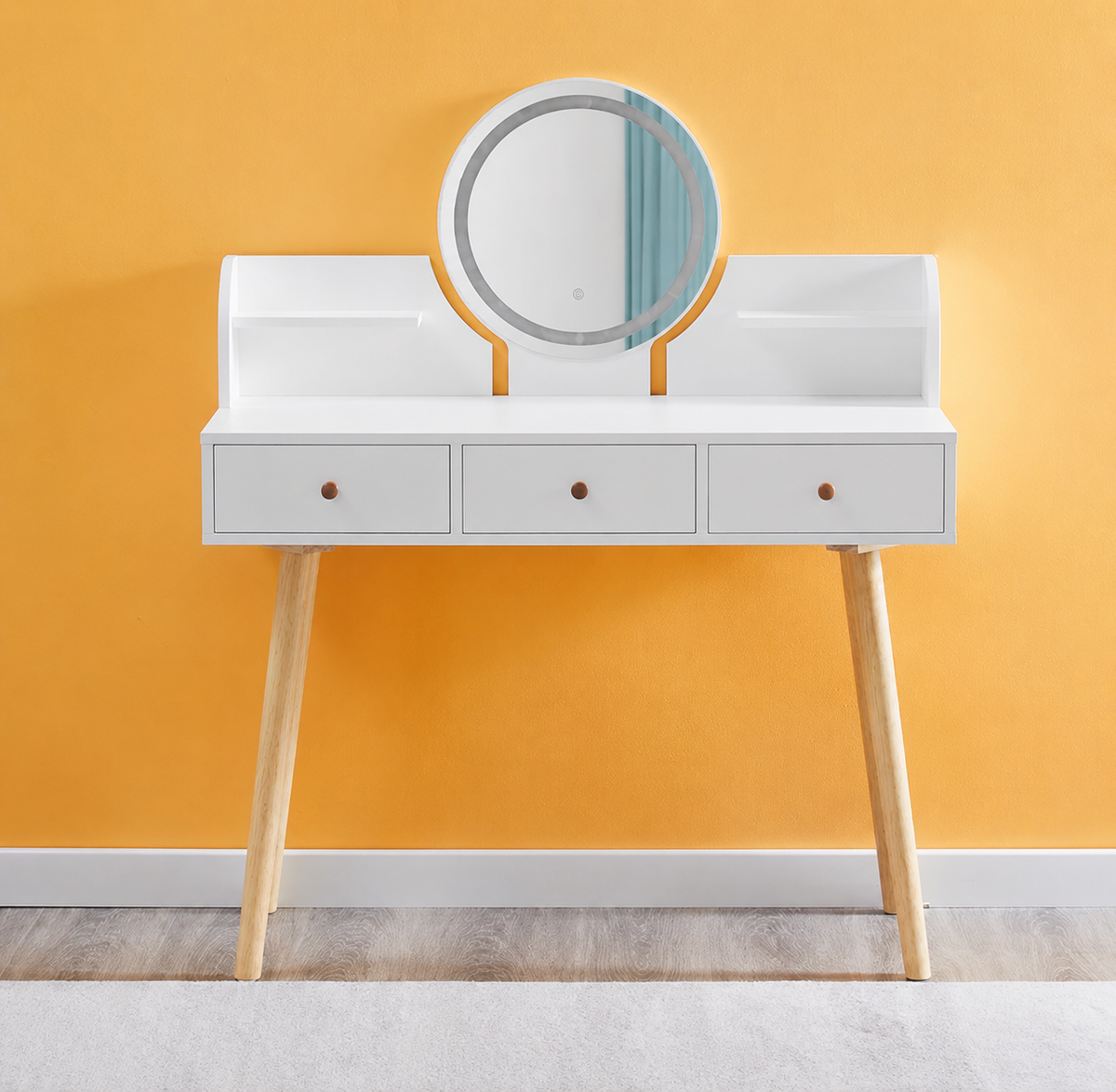 Masa de toaleta cu oglinda 100x120x40 cm design modern alba cu sertare si rafturi