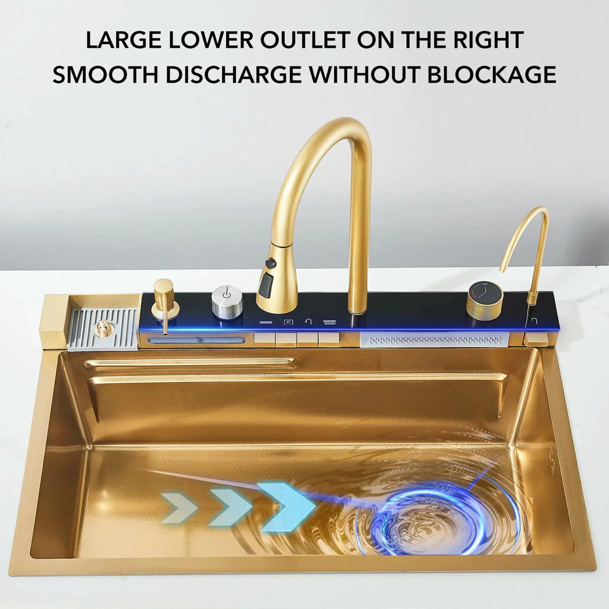 RESIGILAT - Chiuveta multifunctionala cu 2 cascade cu accesorii incluse, afisaj digital a temperaturii si robinet cascada, culoare Gold, 800x450mm