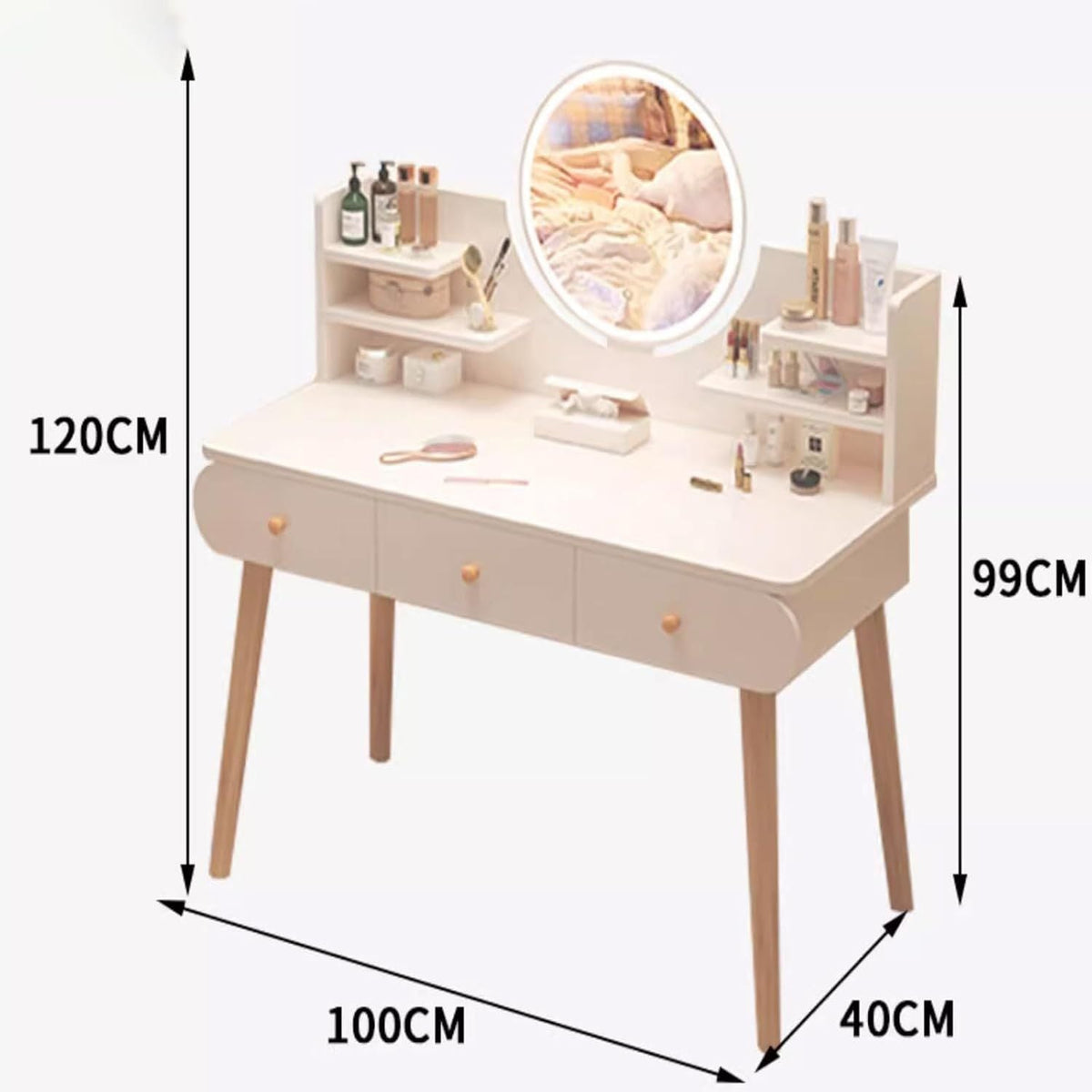 RESIGILAT - Masa toaletă cu oglindă LED tactilă, cu rafturi și sertare – MDF + lemn masiv, alb/gri, 100x120x40 cm