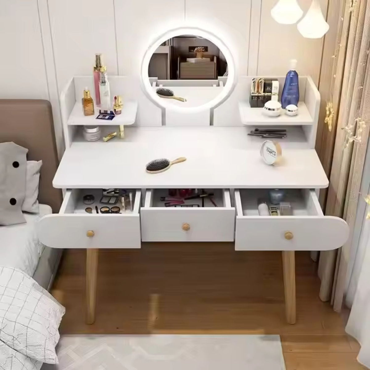 RESIGILAT - Masa toaletă cu oglindă LED tactilă, cu rafturi și sertare – MDF + lemn masiv, alb/gri, 100x120x40 cm