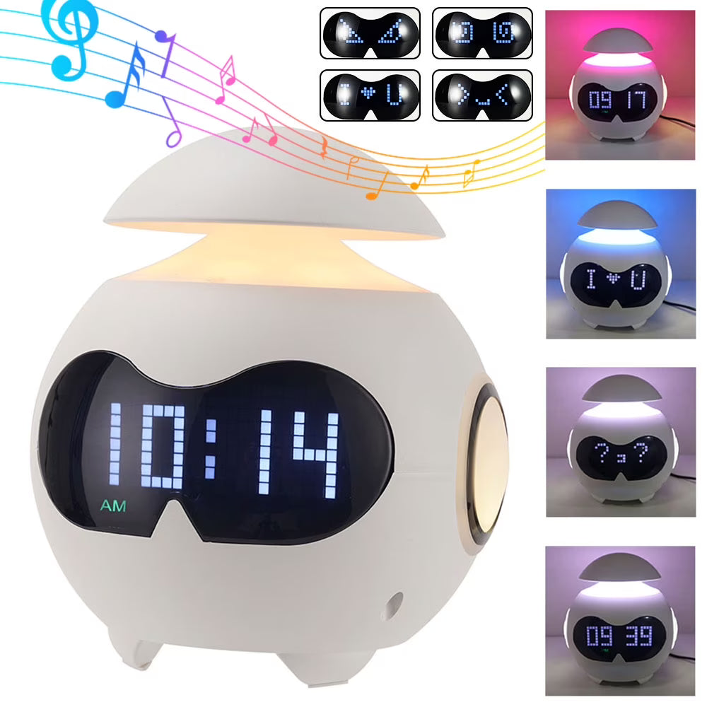 Ceas desteptator Emoji cu lumină si difuzor Bluetooth – Robot amuzant pentru trezire si decor modern
