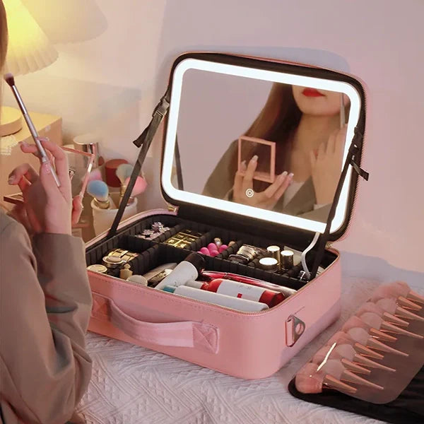 RESIGILAT - Geanta Cosmetica Pentru Make-up cu Oglinda LED  cu Touch, 26x23x11 cm