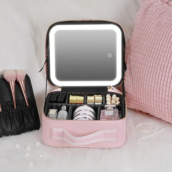 RESIGILAT - Geanta Cosmetica Pentru Make-up cu Oglinda LED  cu Touch, 26x23x11 cm