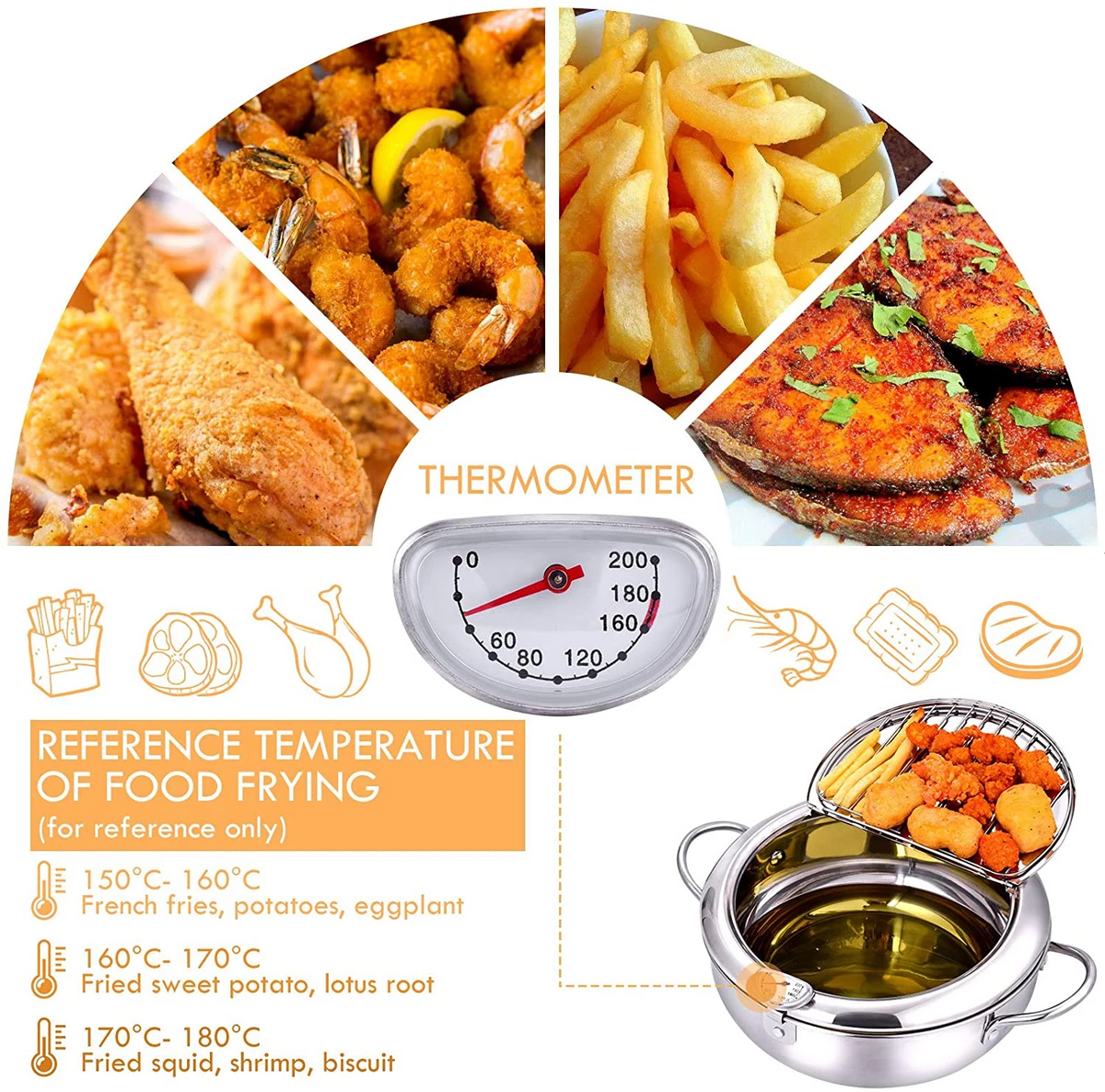 Friteuza in stil japonez din oțel inoxidabil cu termometru pe capac, 24 cm