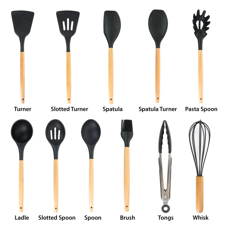 Set 12 ustensile de gatit din silicon, maner rezistent din bambus