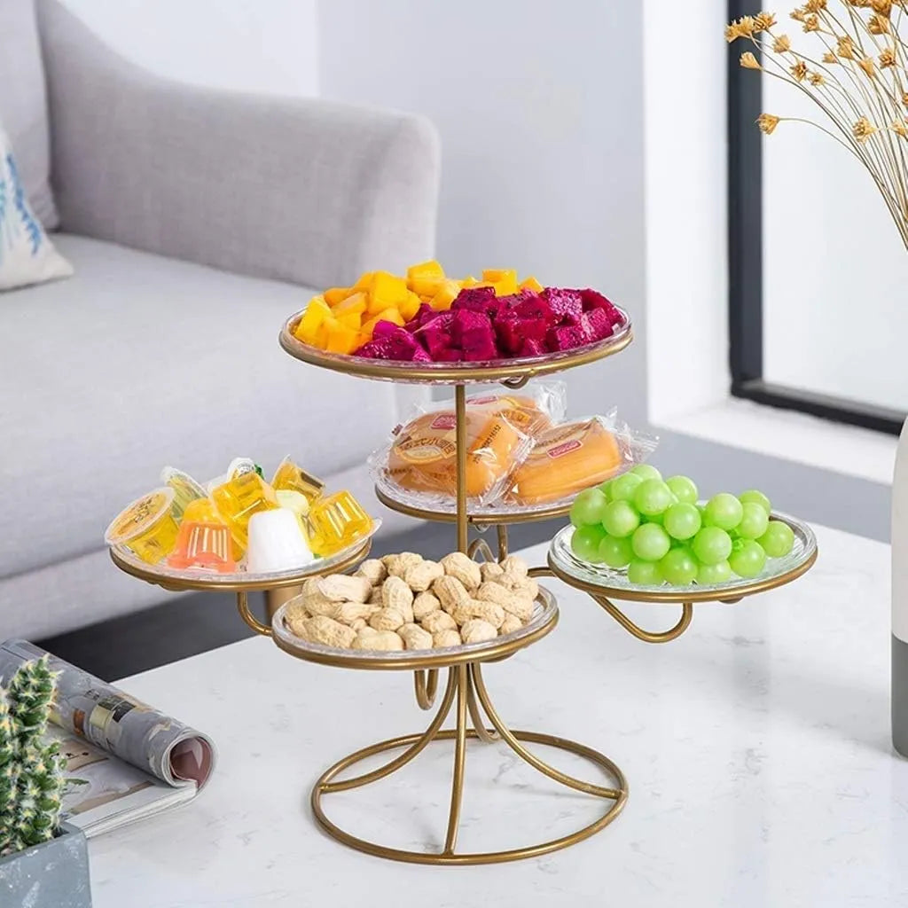 Etajera Eleganta din Sticla cu 5 Tavi pe Suport Auriu – Perfecta pentru Candy Bar, Petreceri sau Evenimente