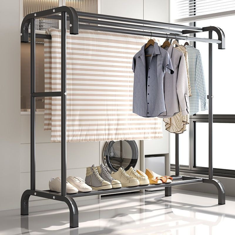 Suport dublu de umerase pentru haine, cu 1 suport de pantofi, din metal, cu raft depozitare deasupra – 50KG greutate maxima, 150x120x48cm