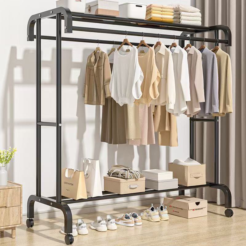 Suport dublu de umerase pentru haine, cu 1 suport de pantofi, din metal, cu raft depozitare deasupra – 50KG greutate maxima, 150x120x48cm