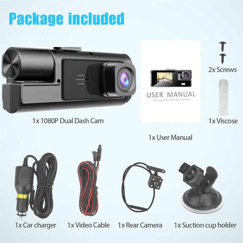 Camera auto tripla FullHD, 3 camere-fata/spate/interior, ecran 2'', G Senzor