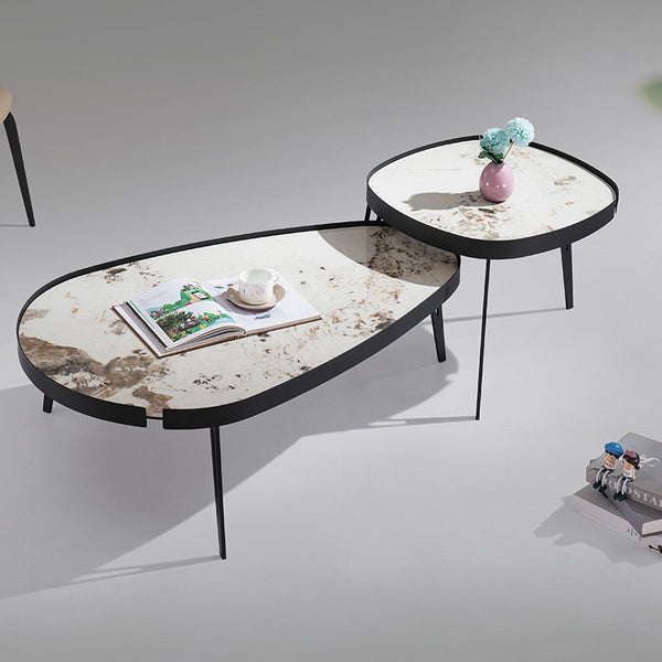 Set 2 Masute de Cafea Moderne din Piatra Sinterizata, Finisaj Lucios, Rezistente la Caldura si Pete, Design Elegant pentru Living