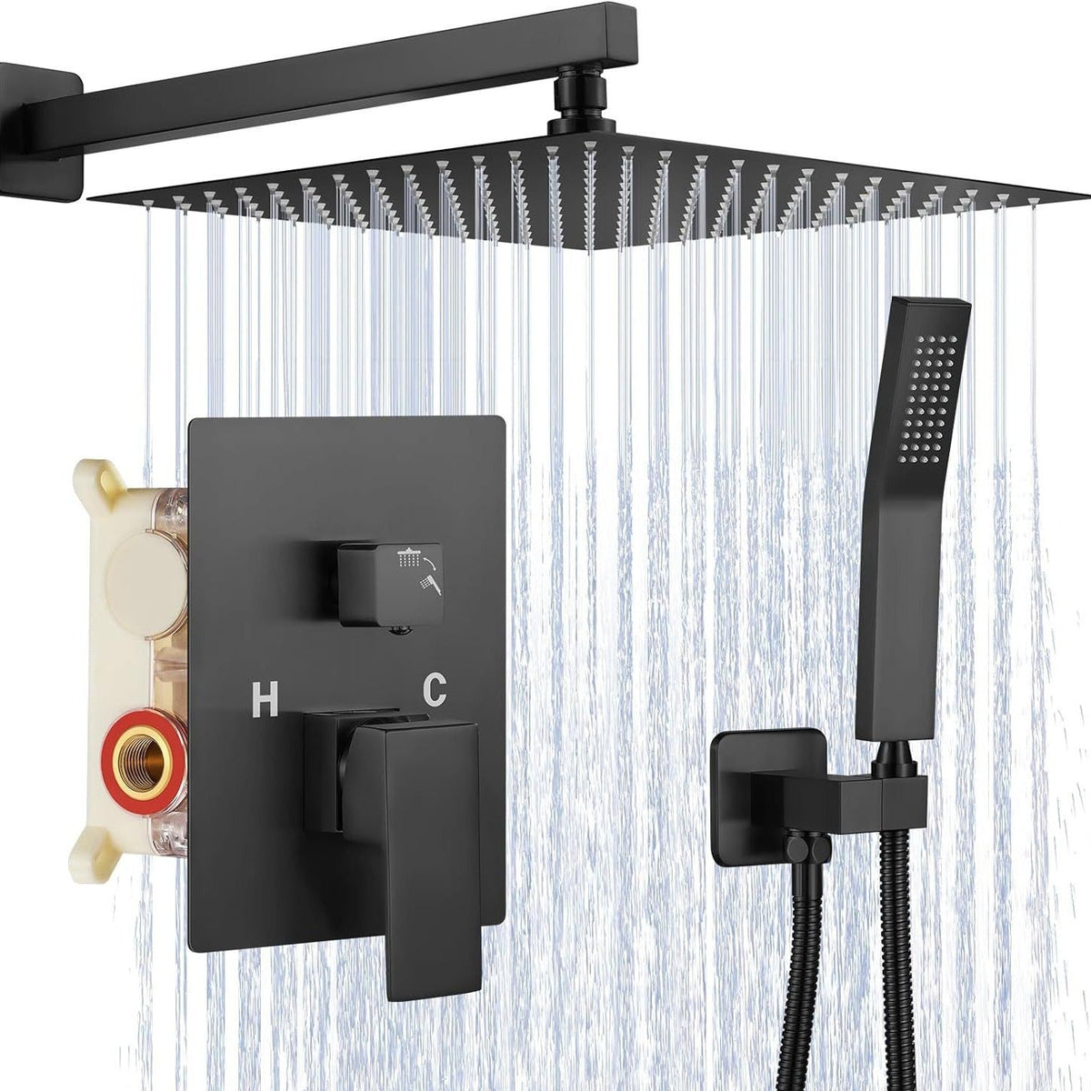 Set de dus incastrat cu para patrata de 25 cm, negru mat sau gri, cu 2 functii de curgere a apei