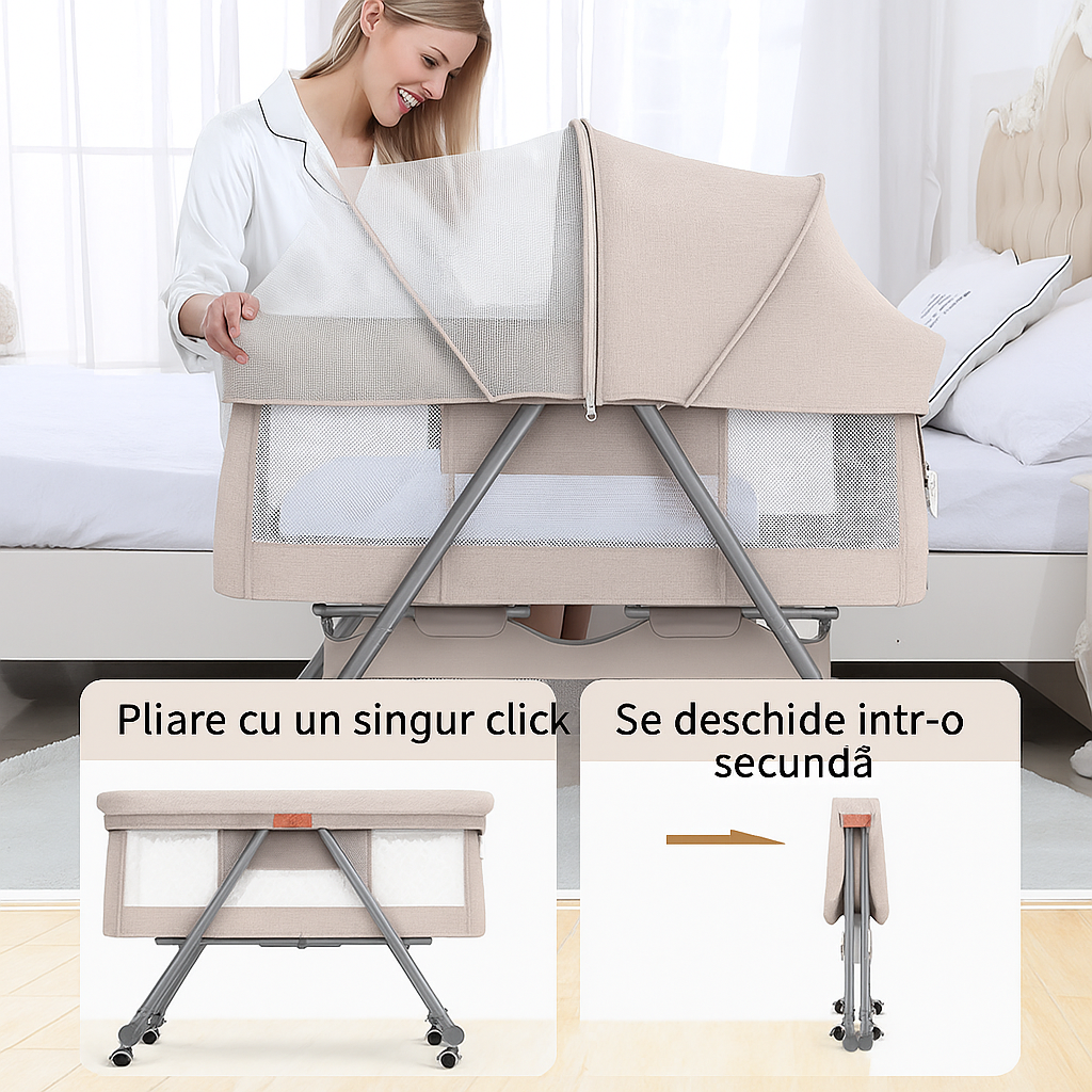Patut bebelusi multifunctional – Portabil, Pliabil, cu Roti, cu Saltea, Nou-Nascuti