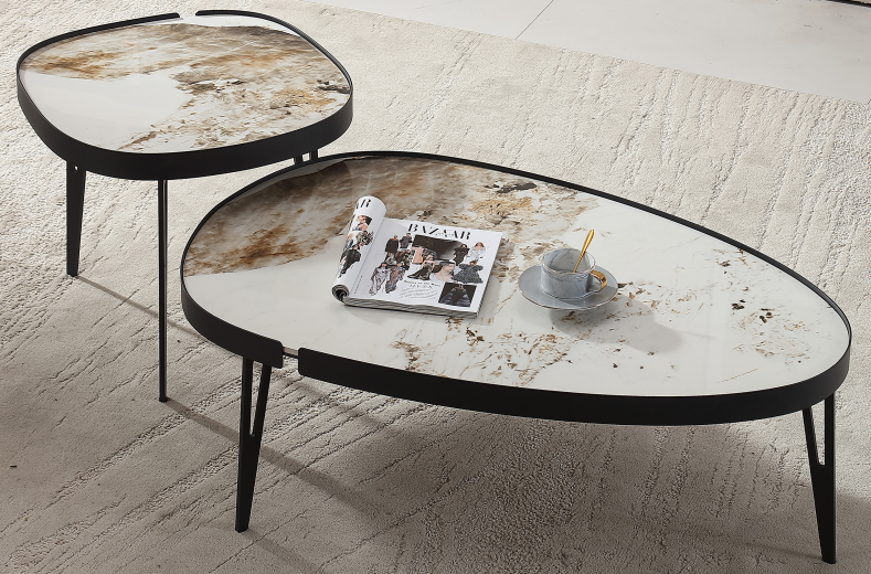 Set 2 Masute de Cafea Moderne din Piatra Sinterizata, Finisaj Lucios, Rezistente la Caldura si Pete, Design Elegant pentru Living