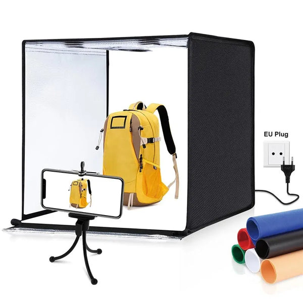 Cutie foto profesională / cort pentru fotografiere de produse 60x60x60cm, cu iluminare inclusă și 6 fundaluri